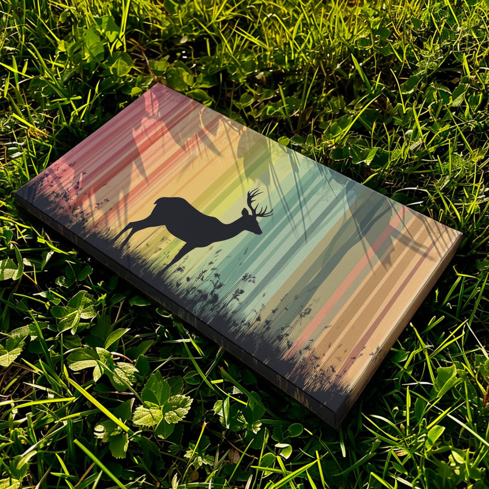 Majestic Deer Silhouette Canvas Art | Bohemian Minimalist Print | Biophilic Wall Art For Living Room | Earthy Ochre Art Horizontal Art