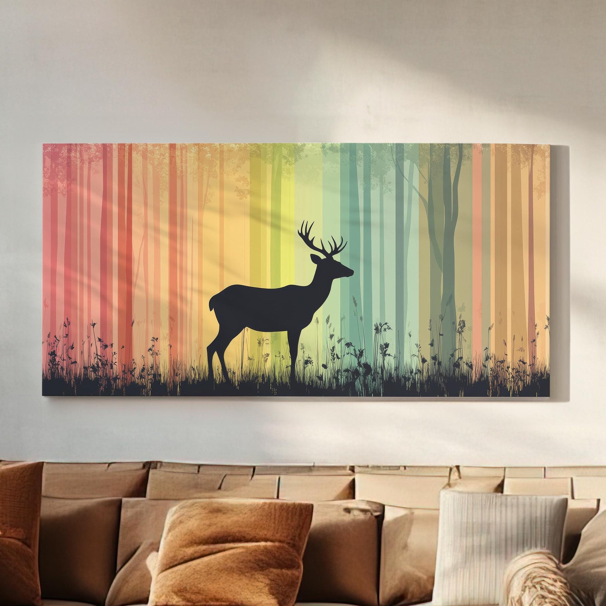 Majestic Deer Silhouette Canvas Art | Bohemian Minimalist Print | Biophilic Wall Art For Living Room | Earthy Ochre Art Horizontal Art