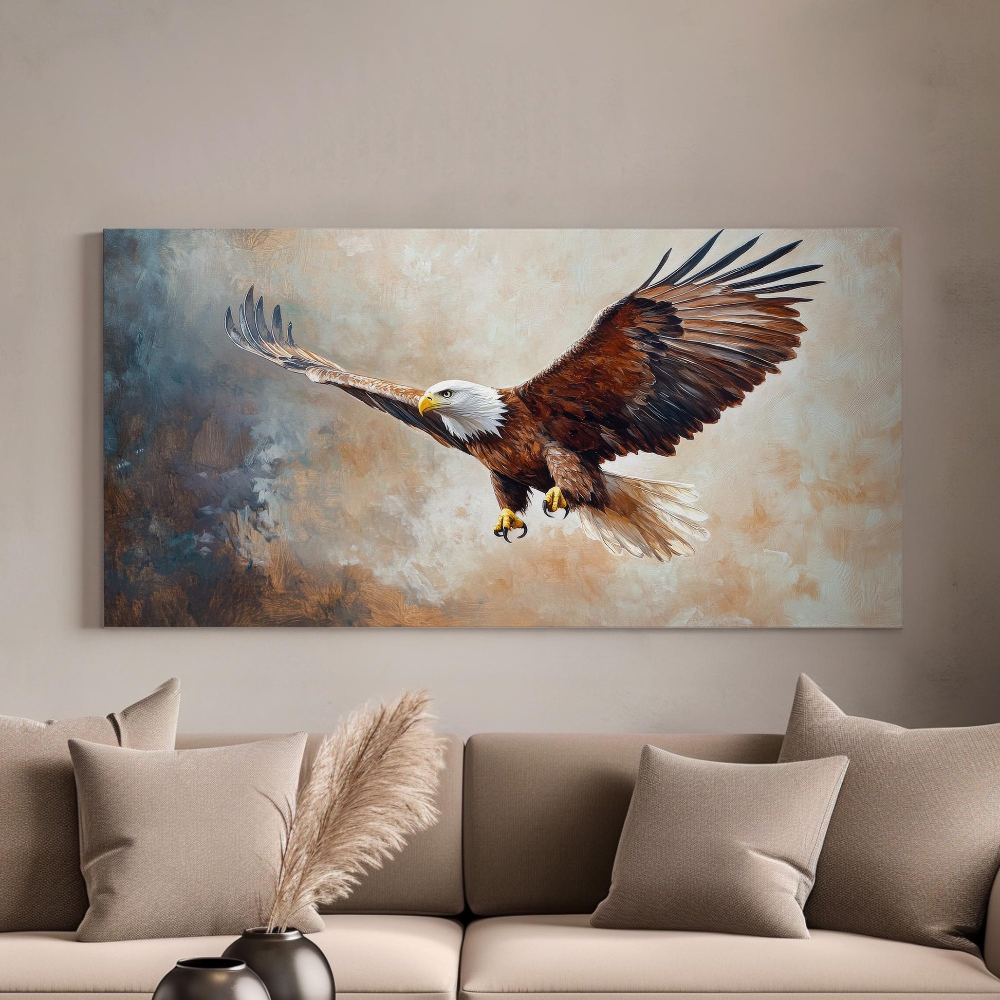 Majestic Bald Eagle Canvas Art | Impasto Painting Print | Bohemian Wall Art For Living Room | Sandstone Hues Art Horizontal Art