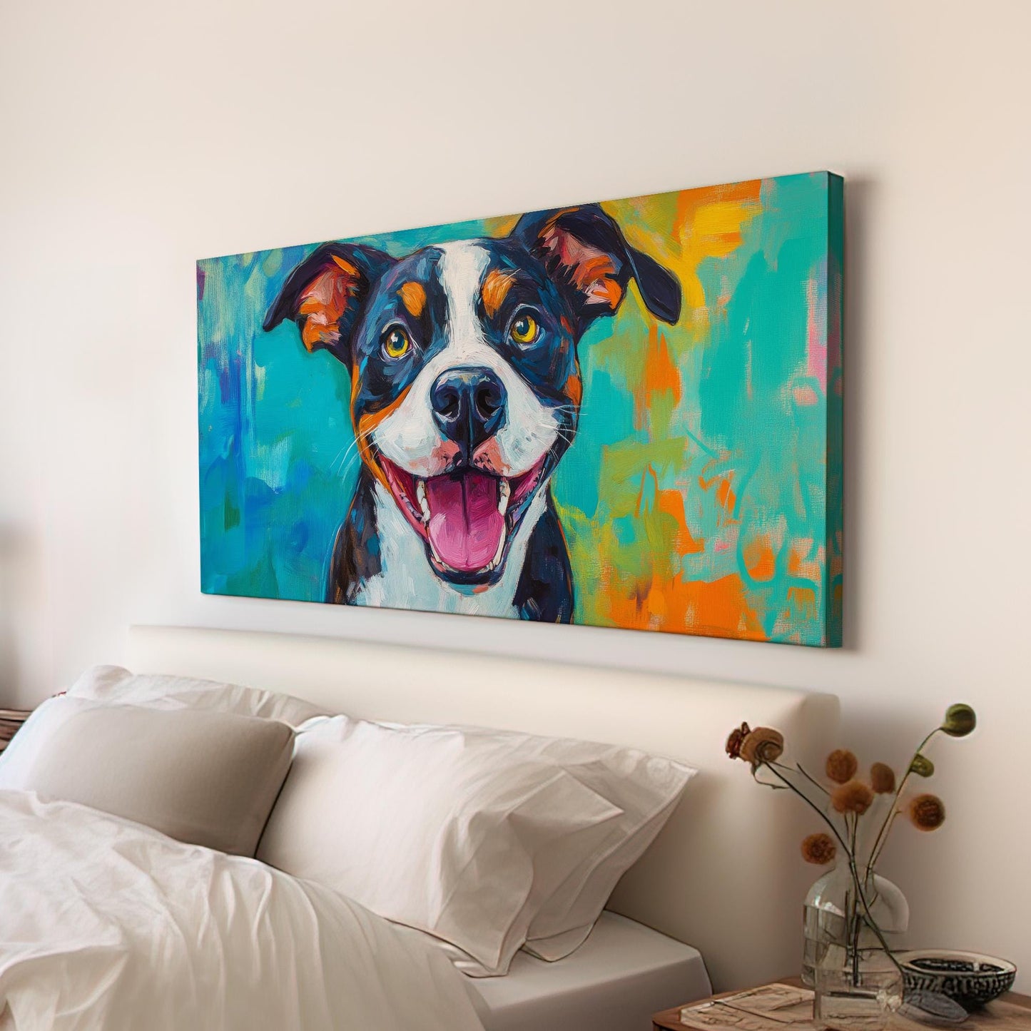 Joyful Beagle Canvas Art | Impasto Dog Print | Bohemian Modern Wall Art For Living Room | Cerulean Tangerine Art Horizontal Art