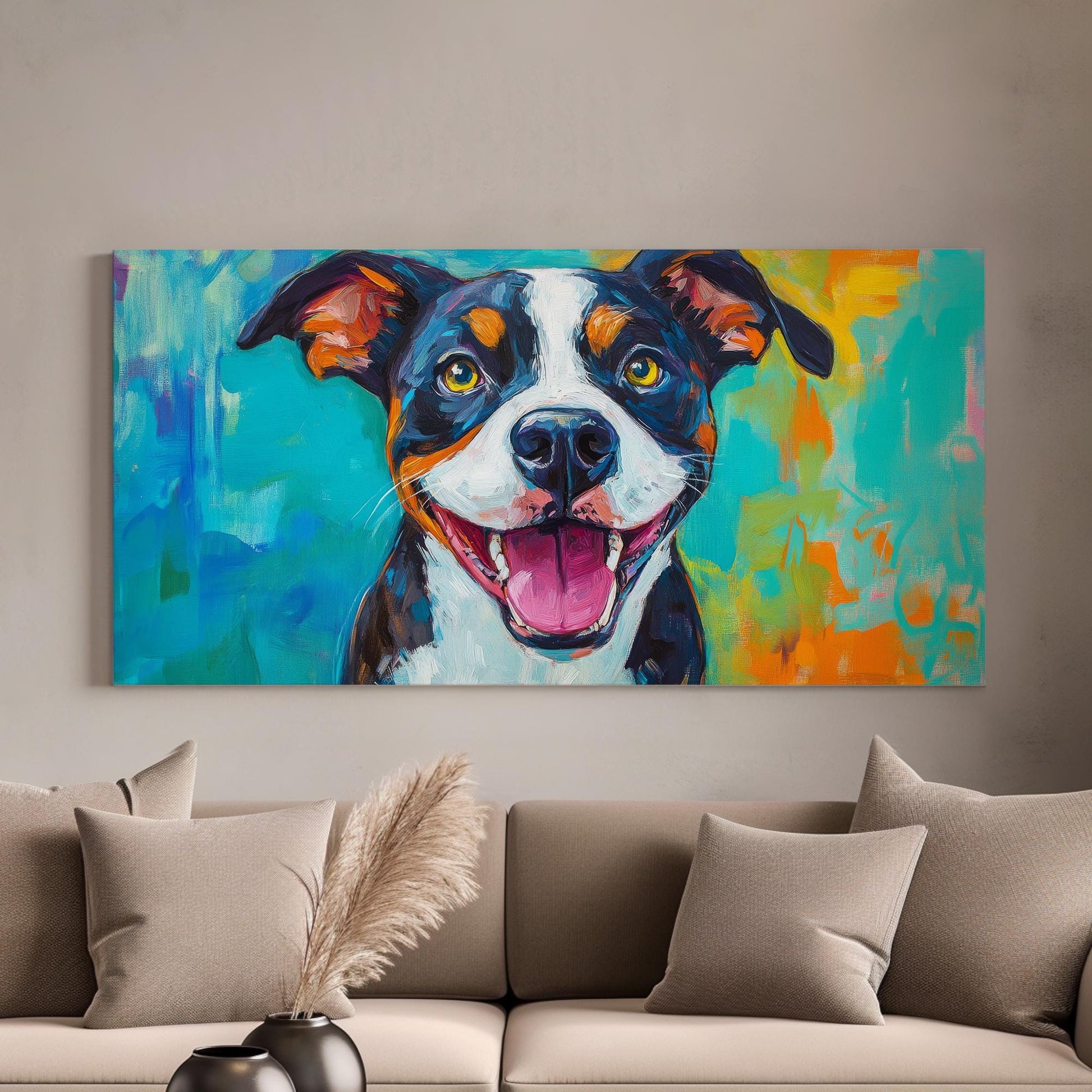 Joyful Beagle Canvas Art | Impasto Dog Print | Bohemian Modern Wall Art For Living Room | Cerulean Tangerine Art Horizontal Art