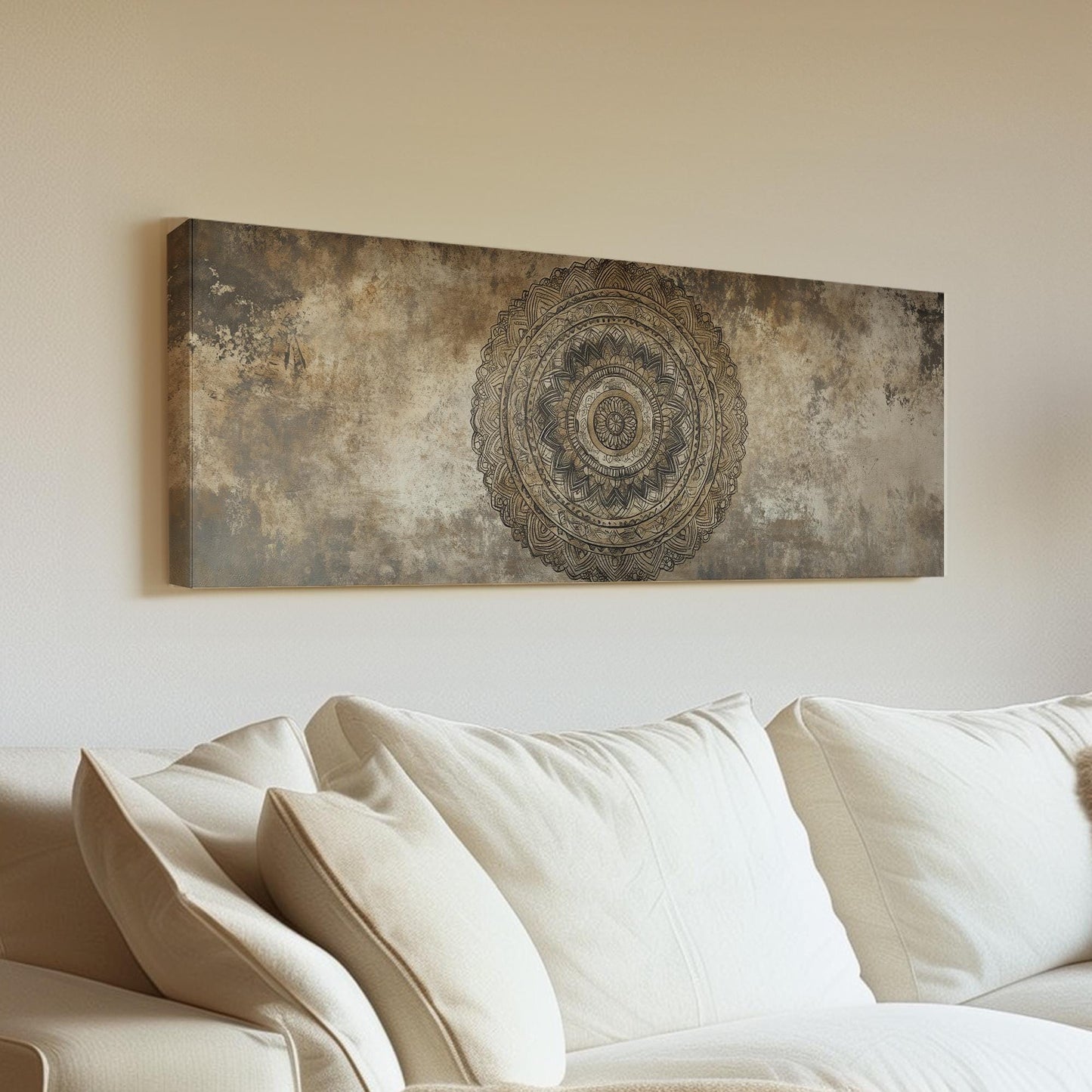 Intricate Mandala Canvas Art | Layered Mandala Print | Bohemian Wall Art For Living Room | Taupe Oatmeal Art | Zen Decor Panoramic Wall Art