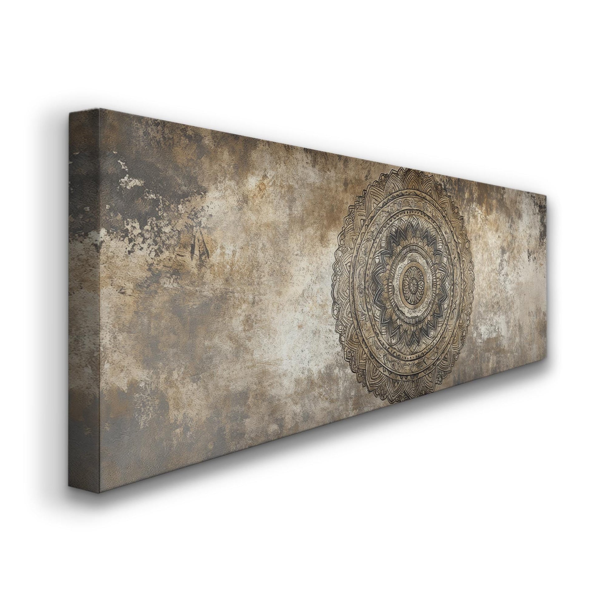 Intricate Mandala Canvas Art | Layered Mandala Print | Bohemian Wall Art For Living Room | Taupe Oatmeal Art | Zen Decor Panoramic Wall Art