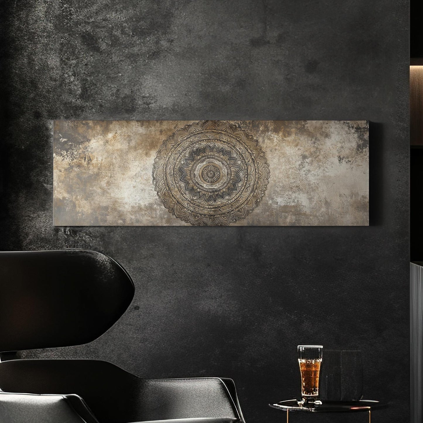 Intricate Mandala Canvas Art | Layered Mandala Print | Bohemian Wall Art For Living Room | Taupe Oatmeal Art | Zen Decor Panoramic Wall Art