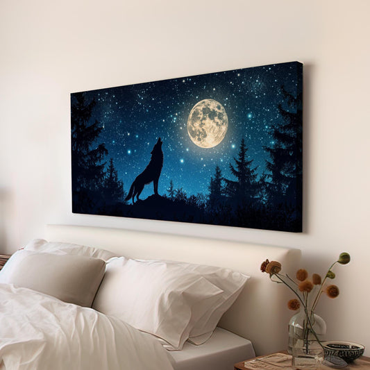 Howling Wolf Canvas Art | Silhouette Print | Bohemian Wall Art For Bedroom | Moonlit Night Sky Art | Tranquil Decor Horizontal Art
