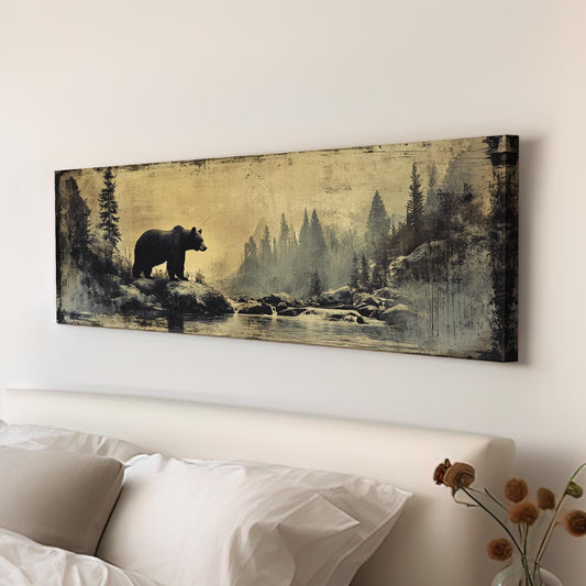 Grizzly Bear Solitude Canvas Art | Distressed Vintage Print | Mountain Modern Wall Art For Living Room | Smoky Quartz Art Panoramic Wall Art