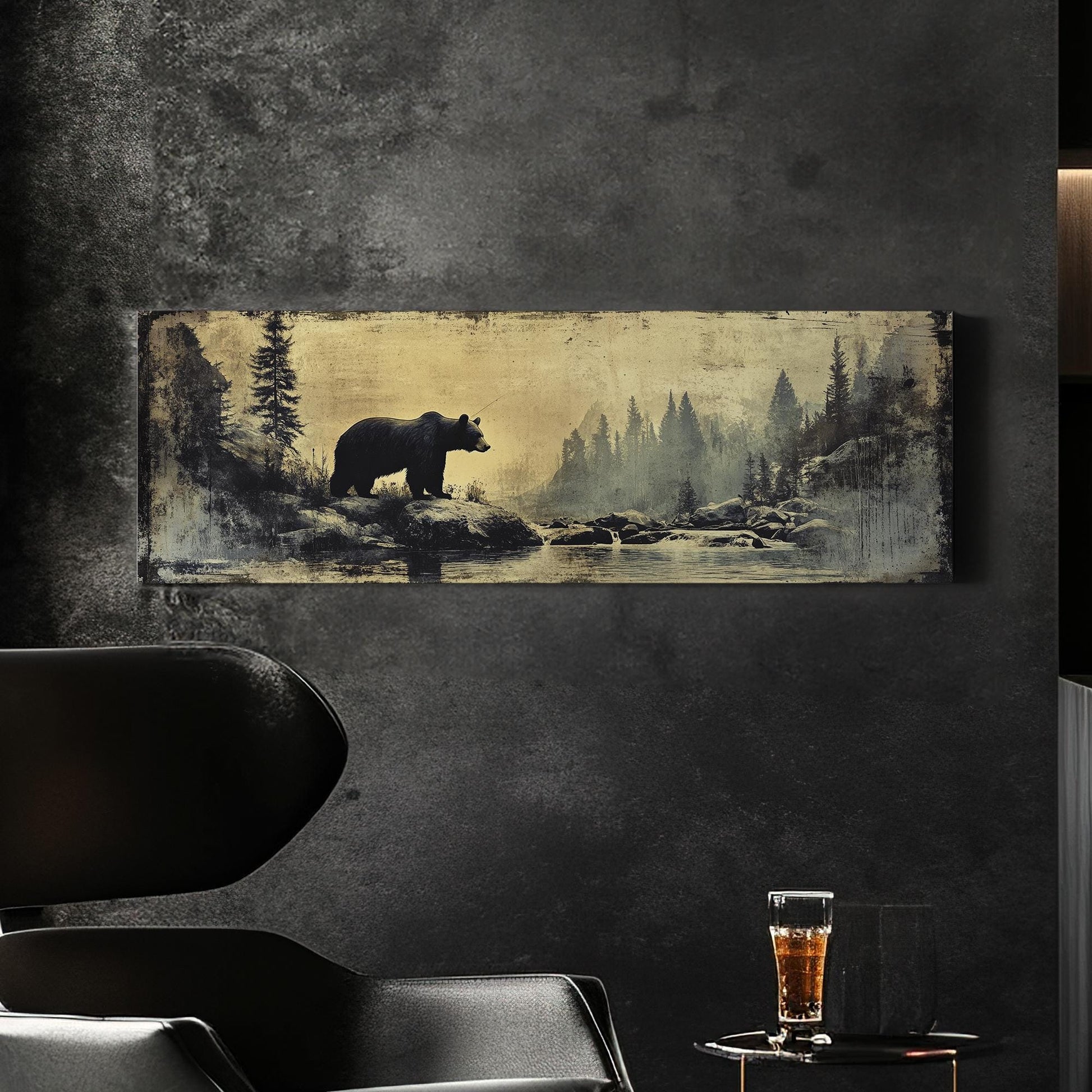Grizzly Bear Solitude Canvas Art | Distressed Vintage Print | Mountain Modern Wall Art For Living Room | Smoky Quartz Art Panoramic Wall Art