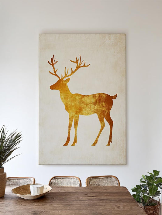 Golden Stag Silhouette Canvas Art | Metallic Texture Print | Bohemian Wall Art For Living Room | Champagne Gold Art Vertical Canvas