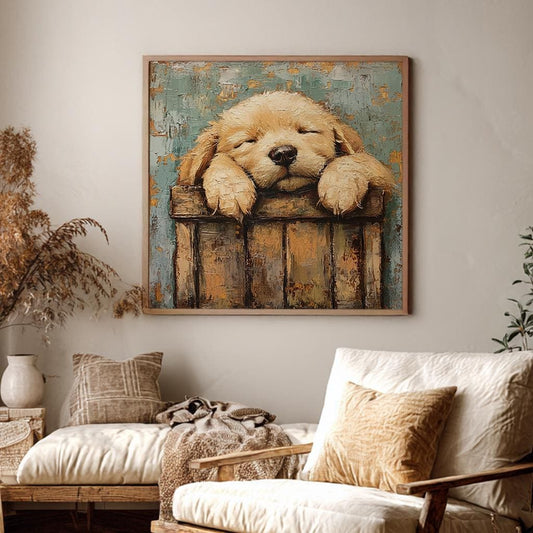 Golden Retriever Puppy Canvas Art | Palette Knife Impasto Print | Bohemian Farmhouse Wall Art For Bedroom Square Canvas Art