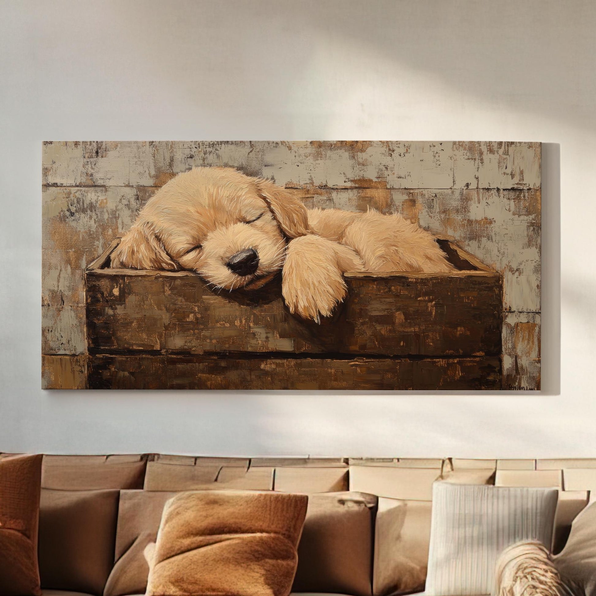Golden Retriever Puppy Canvas Art | Impasto Painting Print | Bohemian Wall Art For Bedroom | Warm Taupe Art Horizontal Art