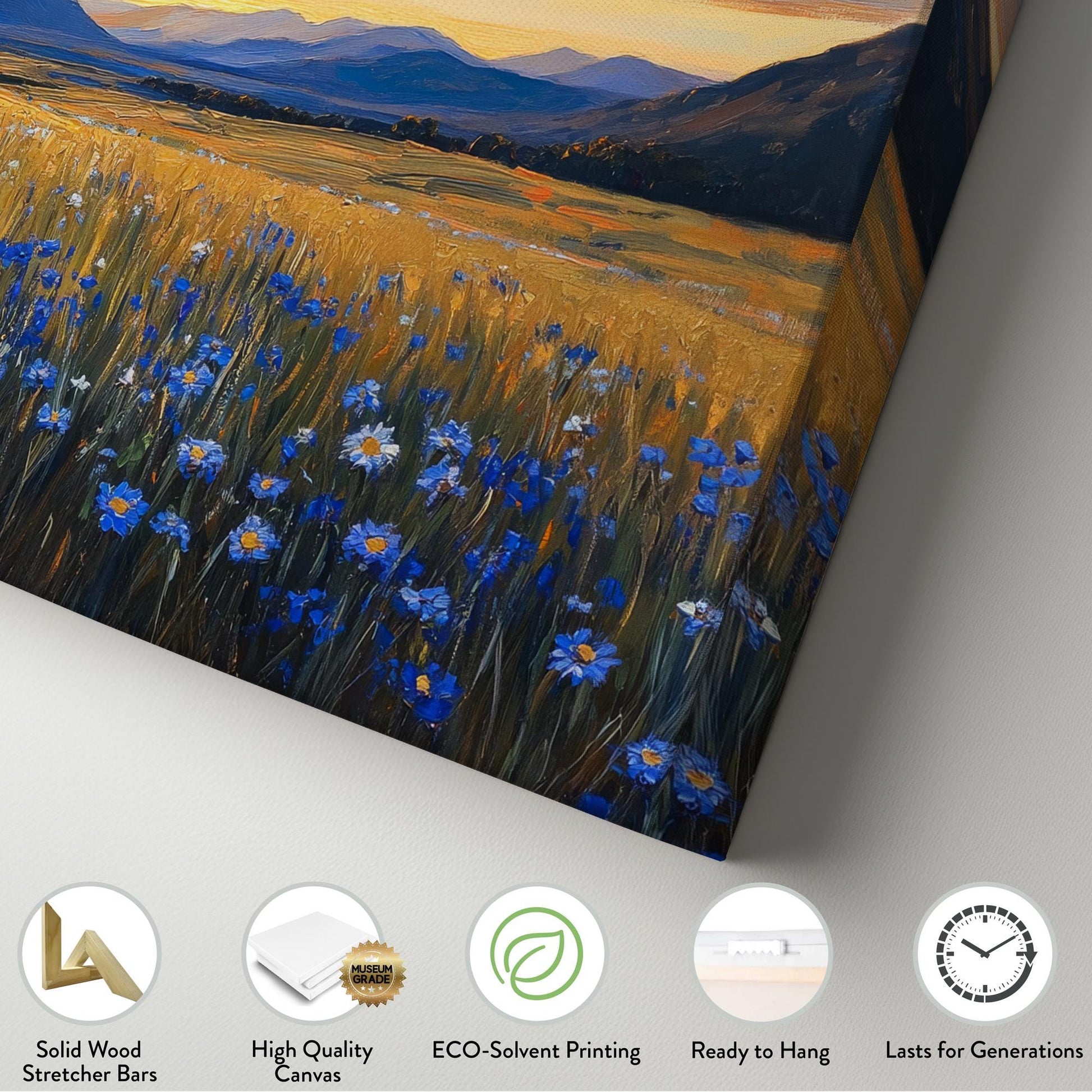 Golden Hour Cornflower Field Canvas Art | Impasto Impressionism Print | Transcendental Wall Art For Living Room Horizontal Art