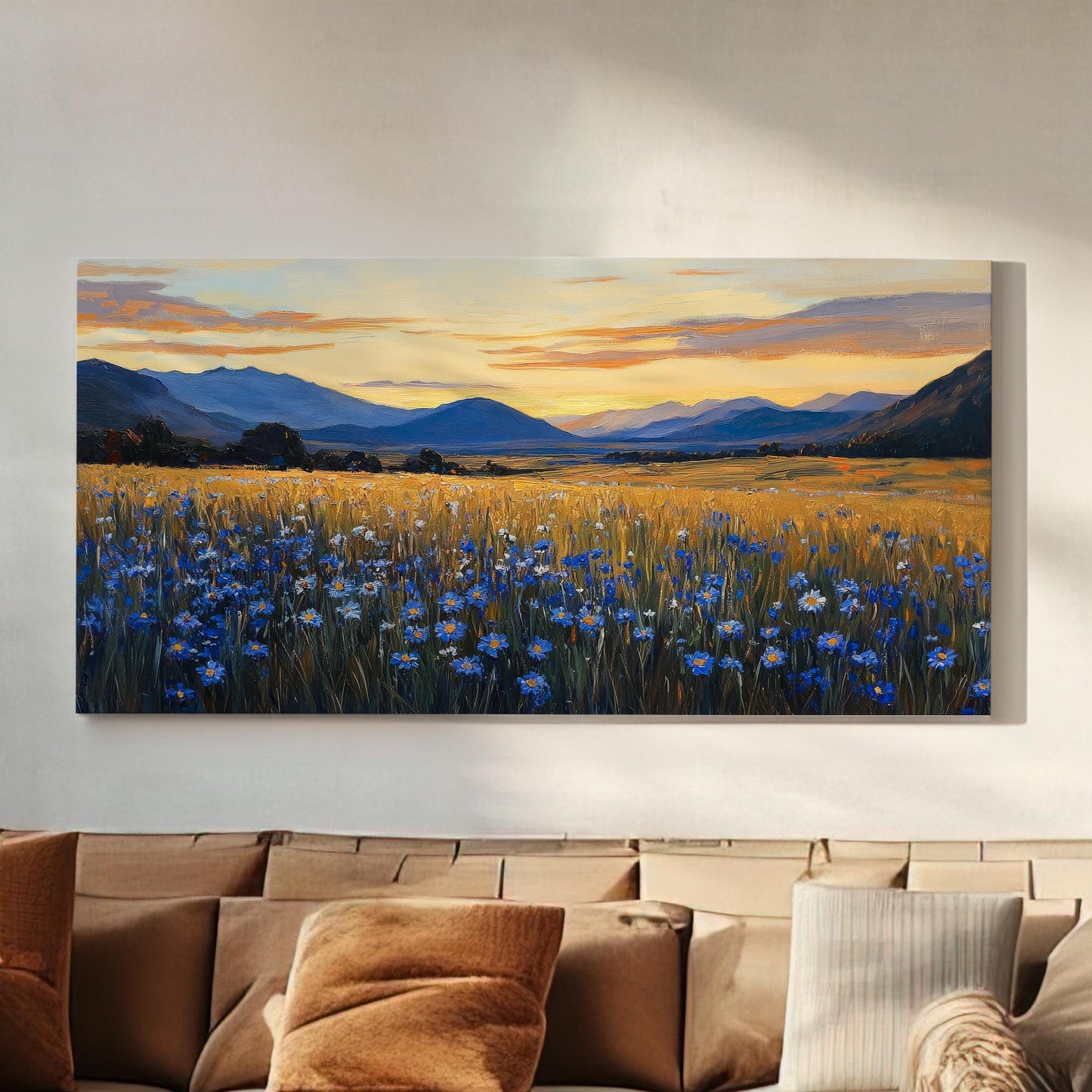 Golden Hour Cornflower Field Canvas Art | Impasto Impressionism Print | Transcendental Wall Art For Living Room Horizontal Art