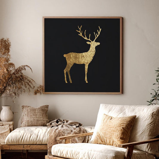 Gold Foil Stag Canvas Art | Metallic Texture Print | Bohemian Wall Art For Living Room | Champagne Gold Art Square Canvas Art