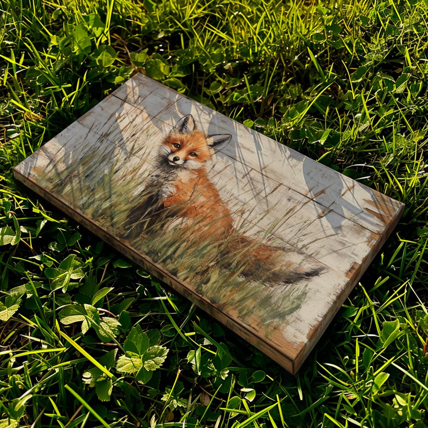 Fox in the Meadow Canvas Art | Impasto Print | Bohemian Wall Art For Living Room | Creamy Oat Milk Art | Rustic Modern Decor Horizontal Art