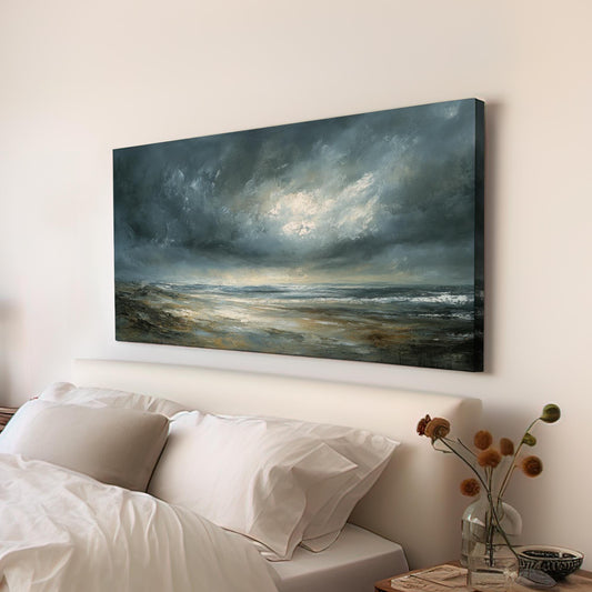 Coastal Seascape Canvas Art | Impasto Textural Print | Tranquil Coastal Wall Art For Living Room | Stormy Seafoam Art Horizontal Art