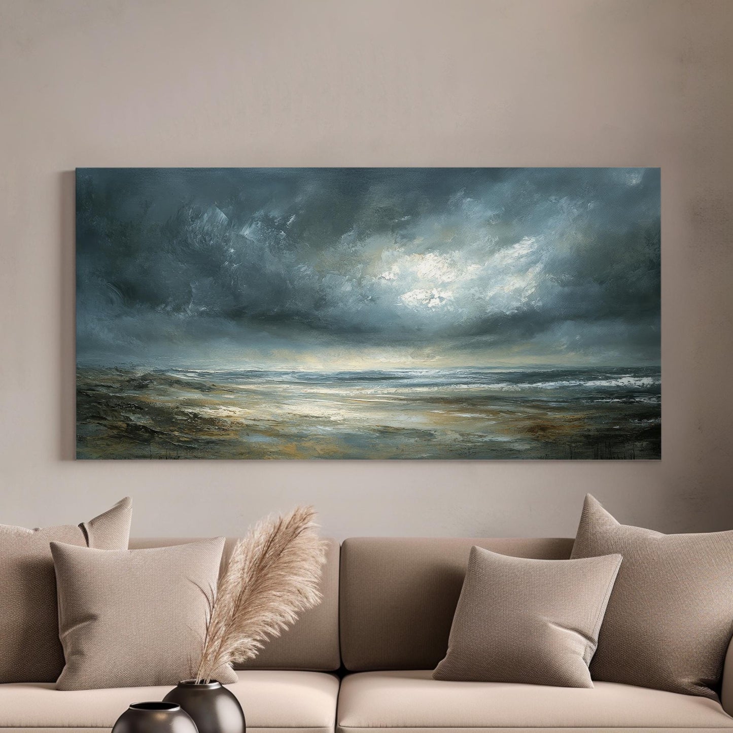 Coastal Seascape Canvas Art | Impasto Textural Print | Tranquil Coastal Wall Art For Living Room | Stormy Seafoam Art Horizontal Art