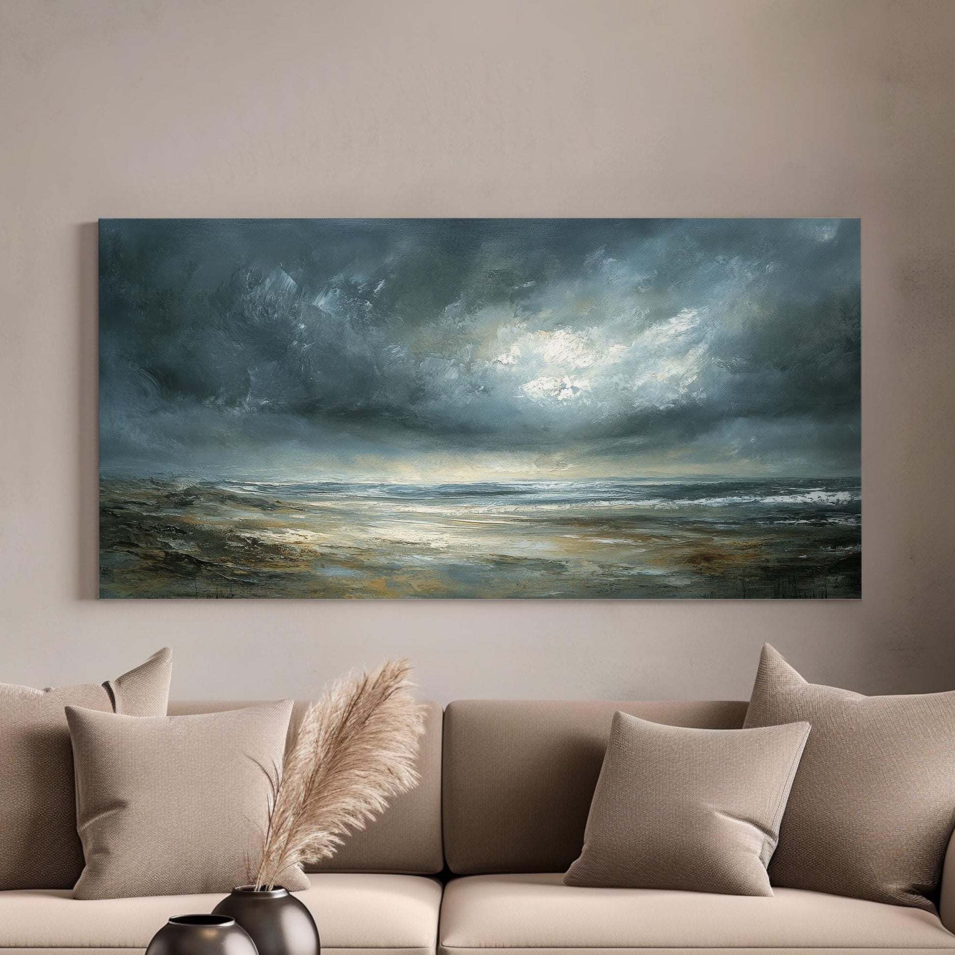 Coastal Seascape Canvas Art | Impasto Textural Print | Tranquil Coastal Wall Art For Living Room | Stormy Seafoam Art Horizontal Art