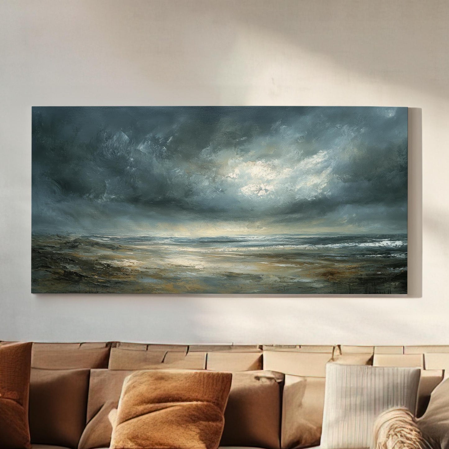 Coastal Seascape Canvas Art | Impasto Textural Print | Tranquil Coastal Wall Art For Living Room | Stormy Seafoam Art Horizontal Art