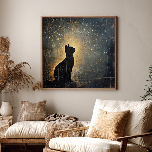 Celestial Feline Canvas Art | Silhouette Textured Print | Bohemian Wall Art For Living Room | Warm Gold Ember Art Square Canvas Art