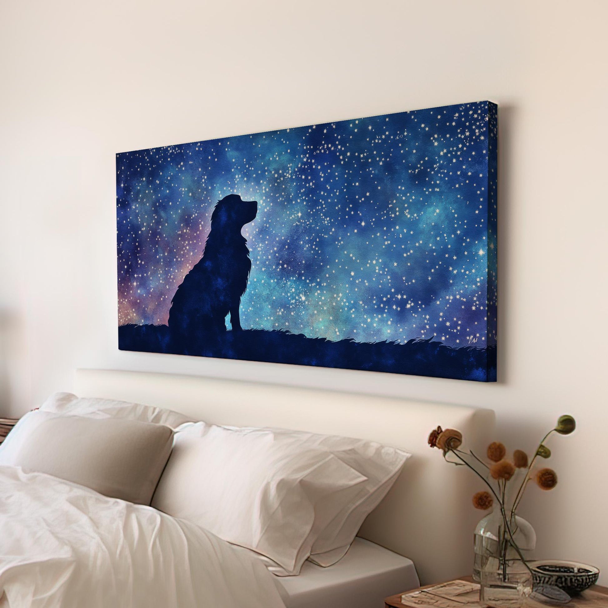 Celestial Canine Canvas Art | Watercolor Silhouette Print | Bohemian Wall Art For Bedroom | Twilight Blue Art Horizontal Art