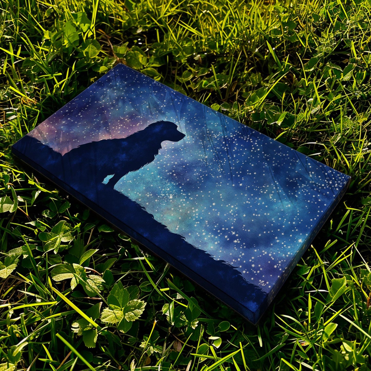 Celestial Canine Canvas Art | Watercolor Silhouette Print | Bohemian Wall Art For Bedroom | Twilight Blue Art Horizontal Art