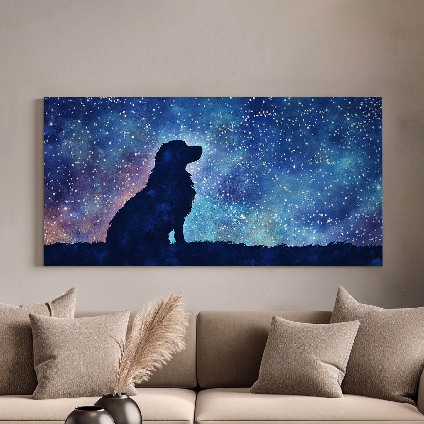 Celestial Canine Canvas Art | Watercolor Silhouette Print | Bohemian Wall Art For Bedroom | Twilight Blue Art Horizontal Art