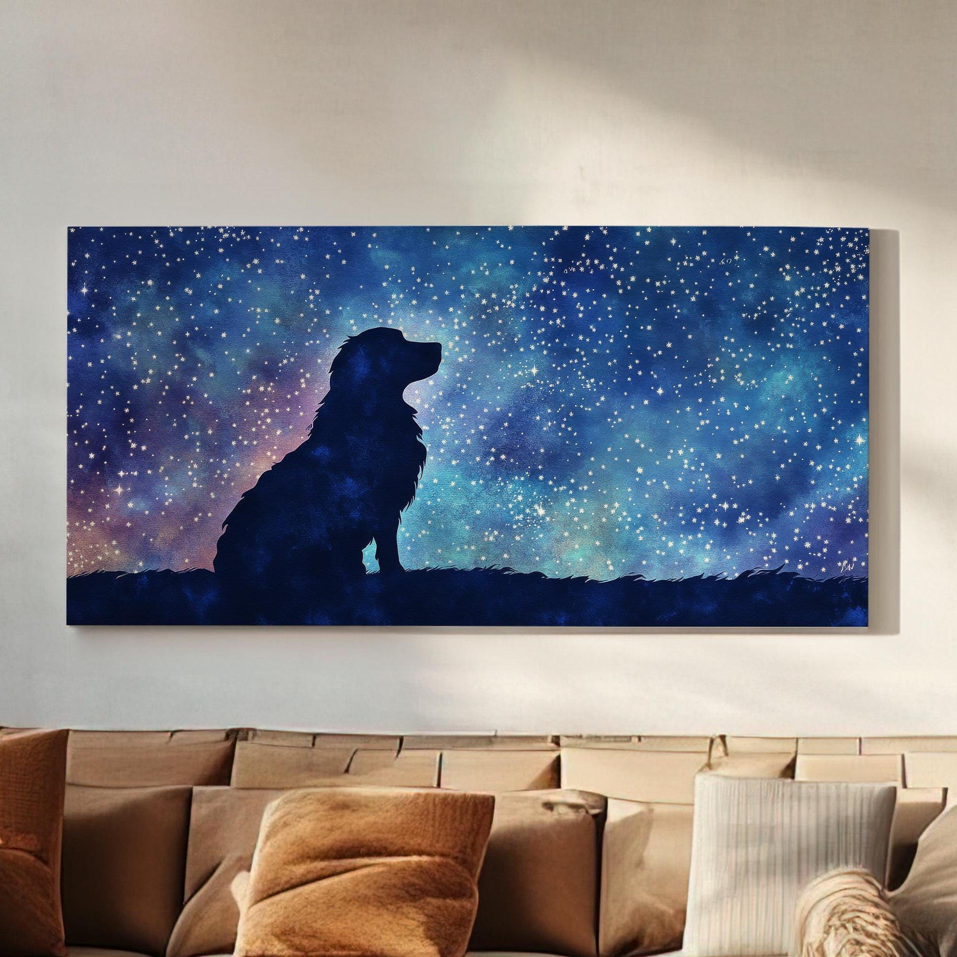 Celestial Canine Canvas Art | Watercolor Silhouette Print | Bohemian Wall Art For Bedroom | Twilight Blue Art Horizontal Art