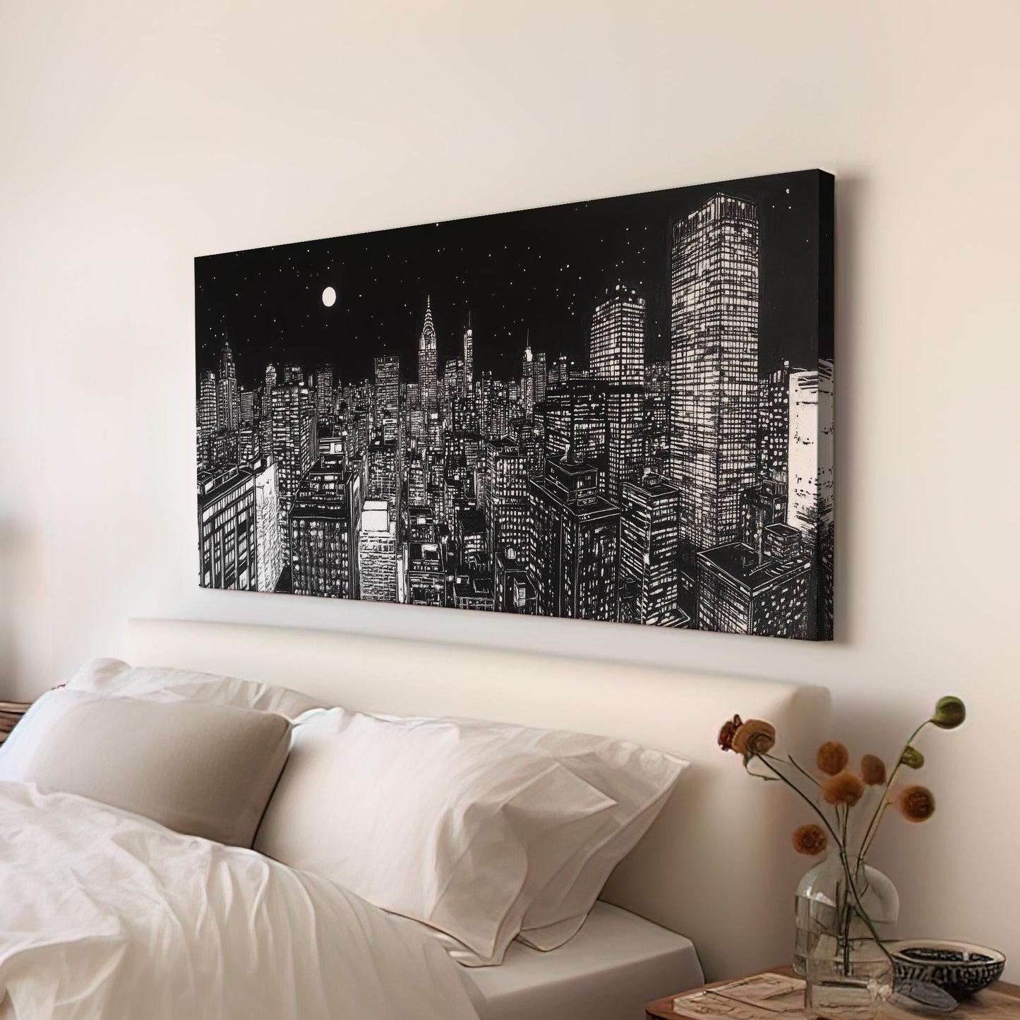 Manhattan Nightscape Canvas Art | Linocut Print | Modernist Wall Art For Living Room | Moonlit Charcoal Art Horizontal Art