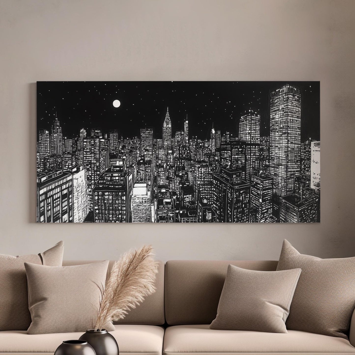 Manhattan Nightscape Canvas Art | Linocut Print | Modernist Wall Art For Living Room | Moonlit Charcoal Art Horizontal Art