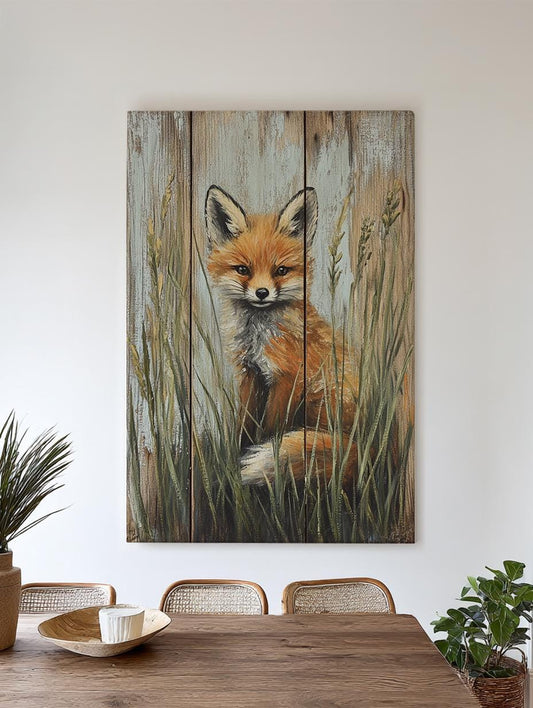 Fox in Meadow Canvas Art | Impasto Print | Bohemian Wall Art For Living Room | Sand Dune Sage Green Art Vertical Canvas