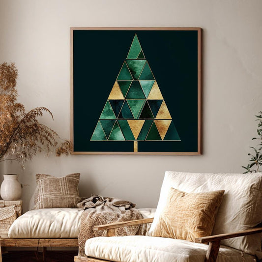 Geometric Emerald Gold Christmas Tree Canvas Art | Watercolor Mosaic Print | Bohemian Luxe Wall Art For Living Room Square Canvas Art