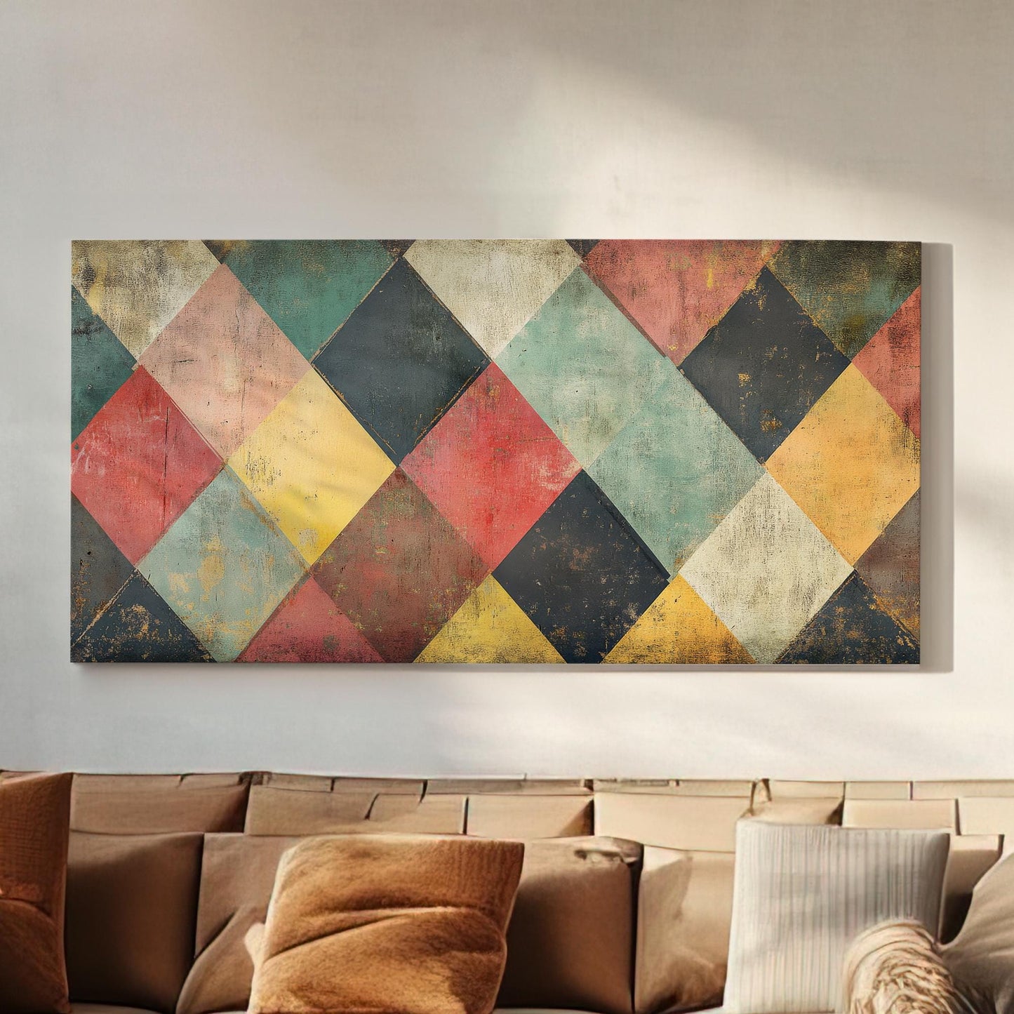 Geometric Harlequin Canvas Art | Distressed Textured Print | Bohemian Wall Art For Living Room | Warm Ochre Clay Art Horizontal Art