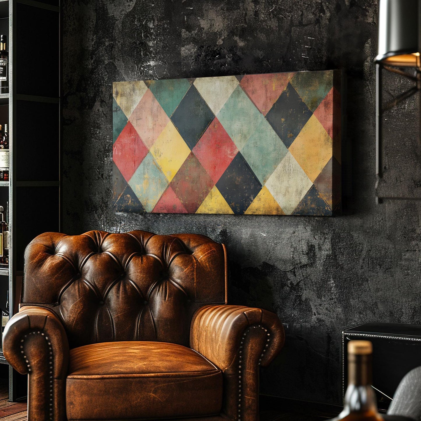 Geometric Harlequin Canvas Art | Distressed Textured Print | Bohemian Wall Art For Living Room | Warm Ochre Clay Art Horizontal Art