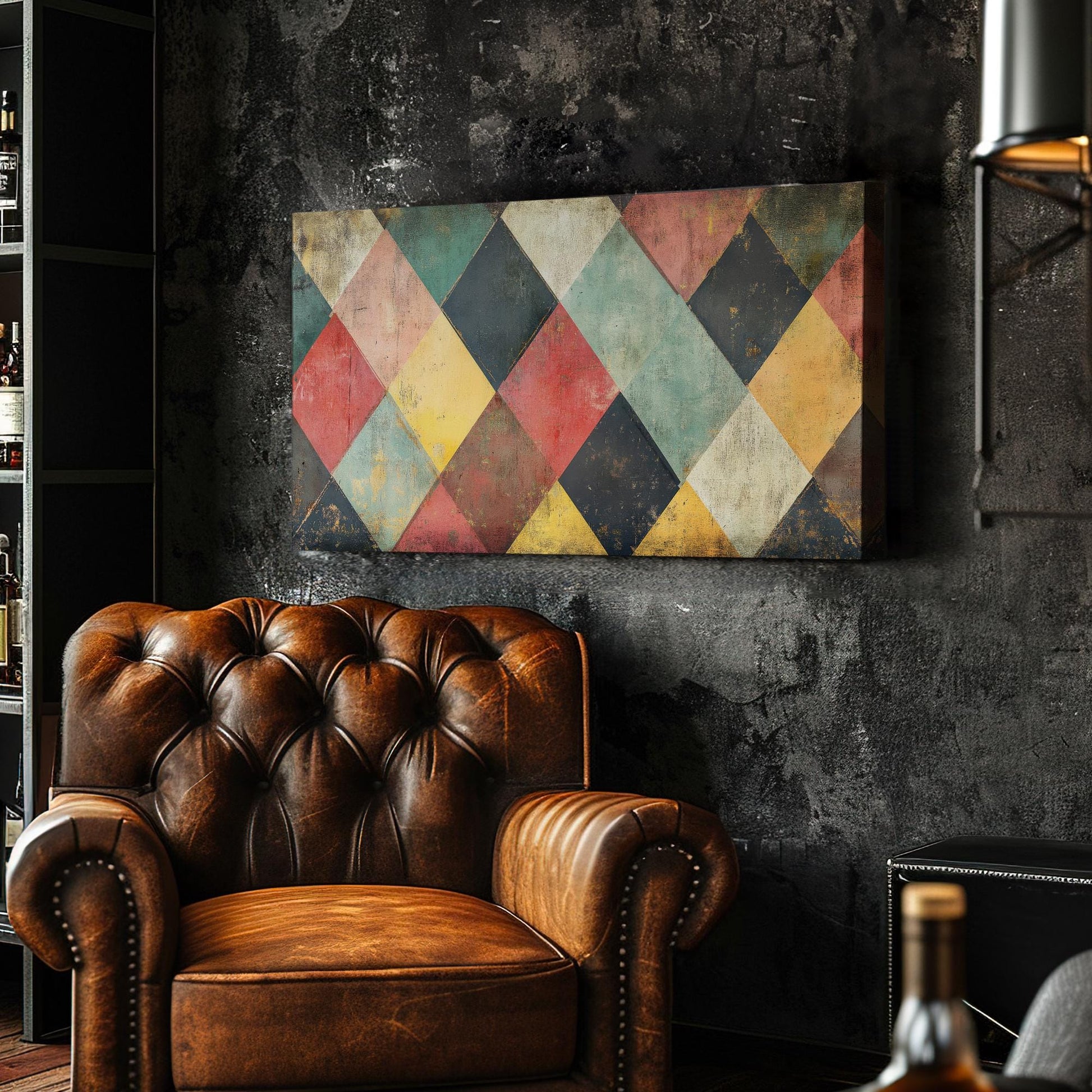 Geometric Harlequin Canvas Art | Distressed Textured Print | Bohemian Wall Art For Living Room | Warm Ochre Clay Art Horizontal Art