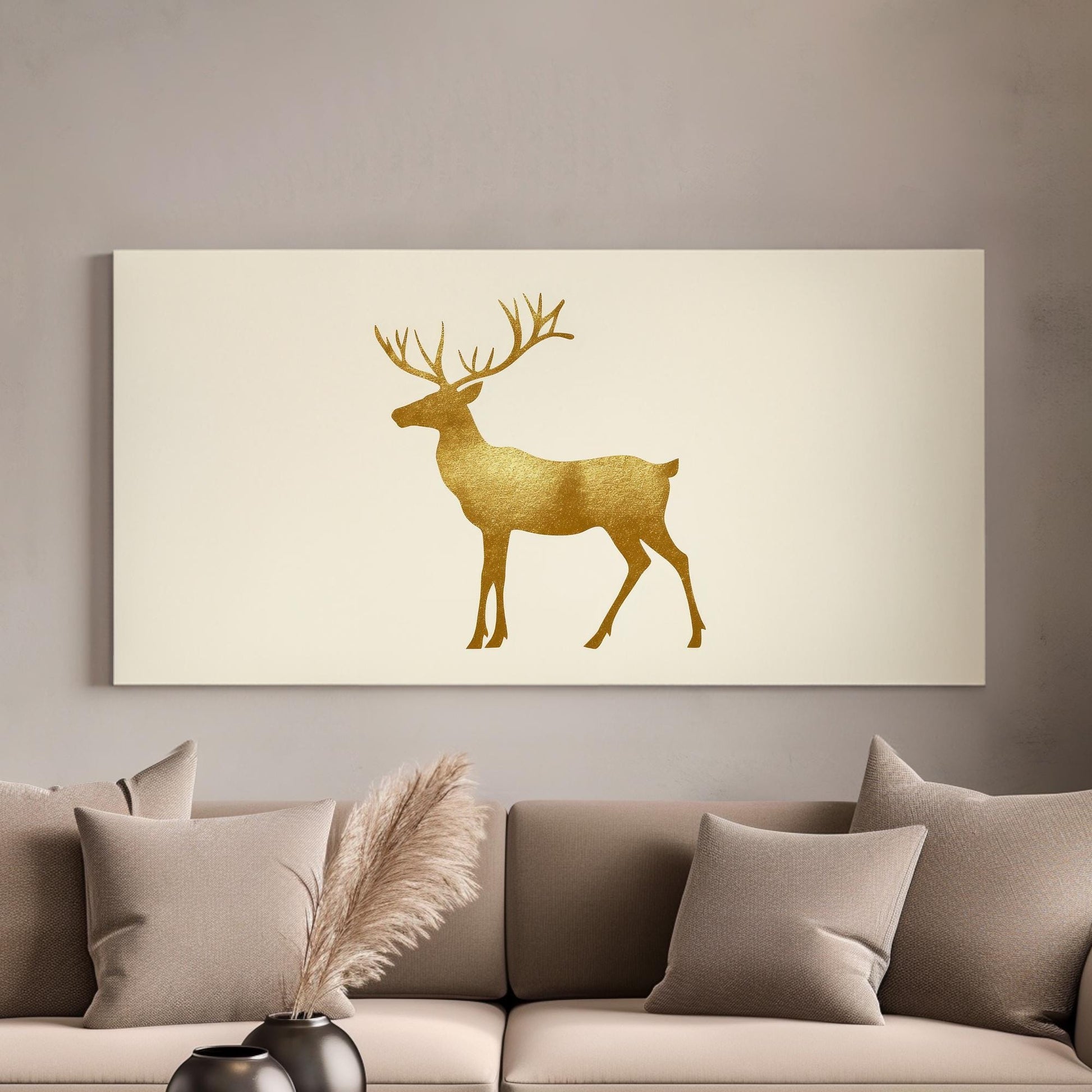 Gold Foil Reindeer Canvas Art | Metallic Shimmer Print | Scandinavian Minimalist Wall Art For Living Room Horizontal Art