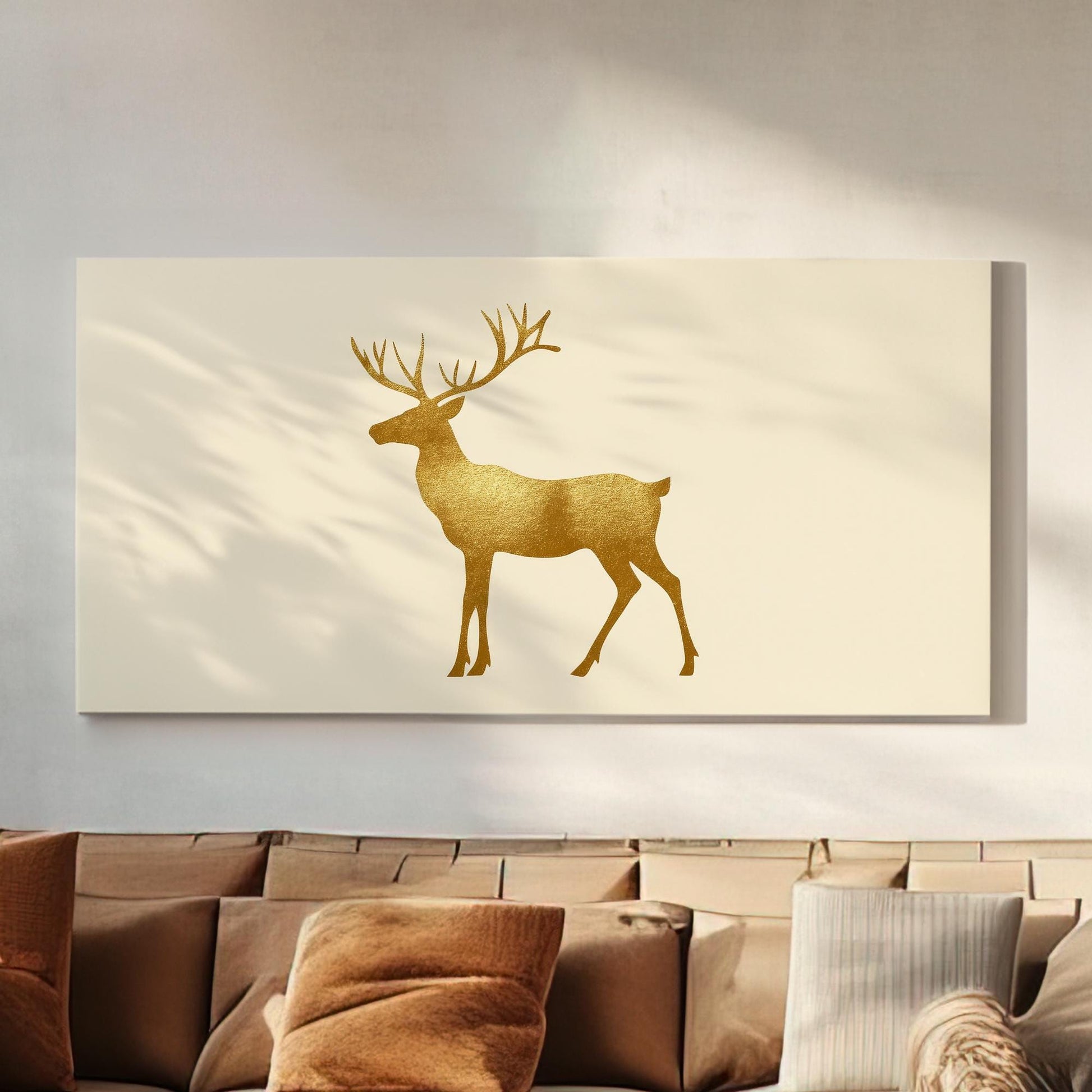 Gold Foil Reindeer Canvas Art | Metallic Shimmer Print | Scandinavian Minimalist Wall Art For Living Room Horizontal Art
