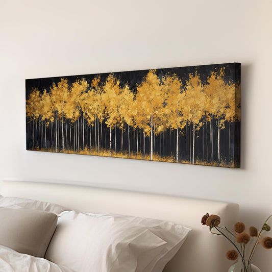 Golden Grove Canvas Art | Impasto Print | Bohemian Wall Art For Living Room | Amber Sunset Art | Tranquil Decor Panoramic Wall Art