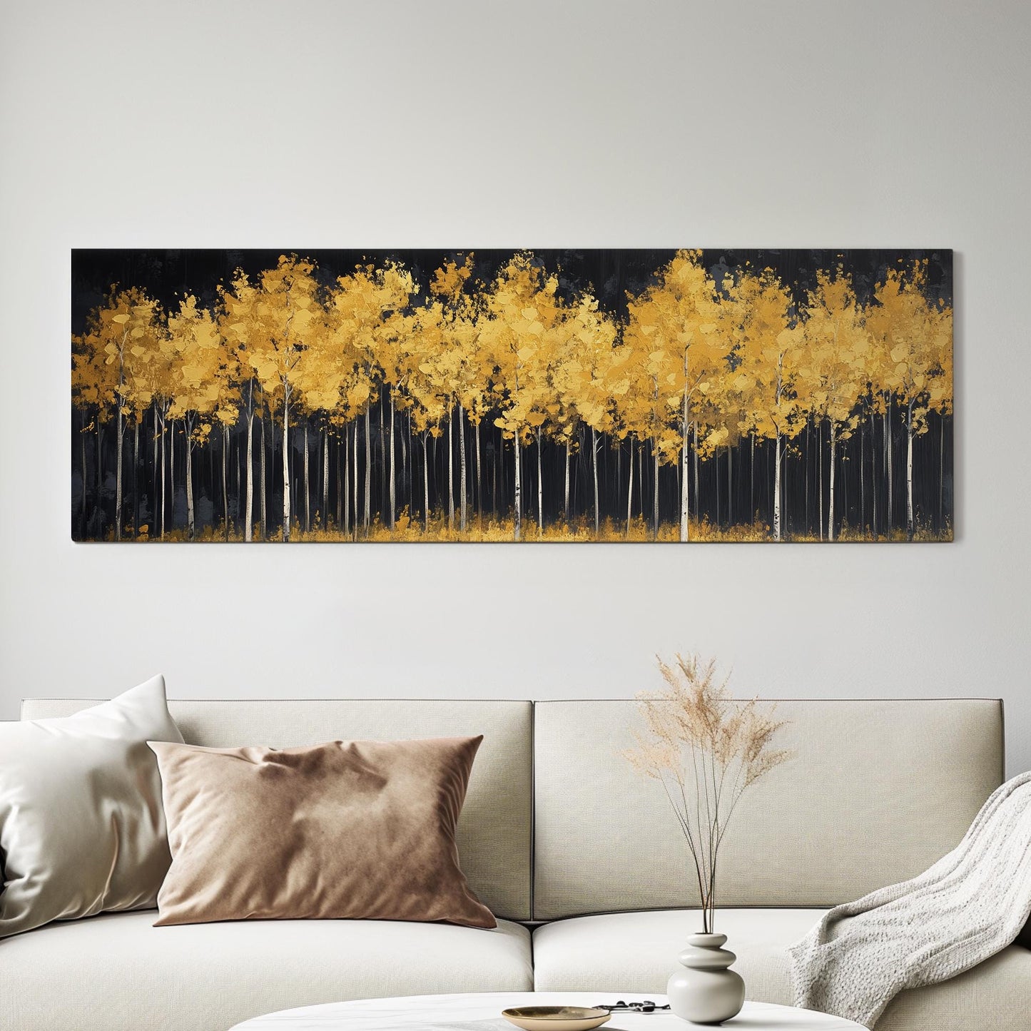 Golden Grove Canvas Art | Impasto Print | Bohemian Wall Art For Living Room | Amber Sunset Art | Tranquil Decor Panoramic Wall Art