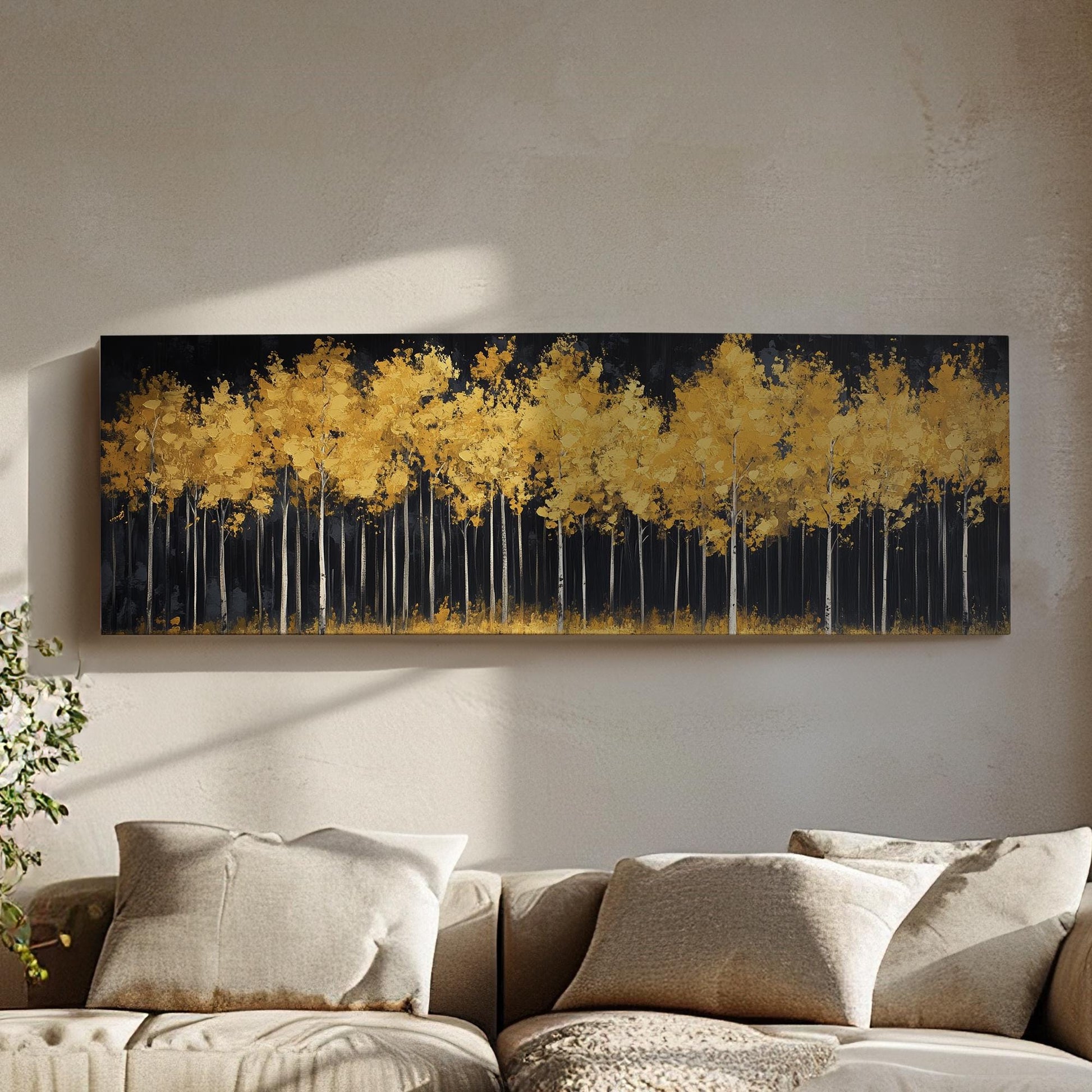 Golden Grove Canvas Art | Impasto Print | Bohemian Wall Art For Living Room | Amber Sunset Art | Tranquil Decor Panoramic Wall Art