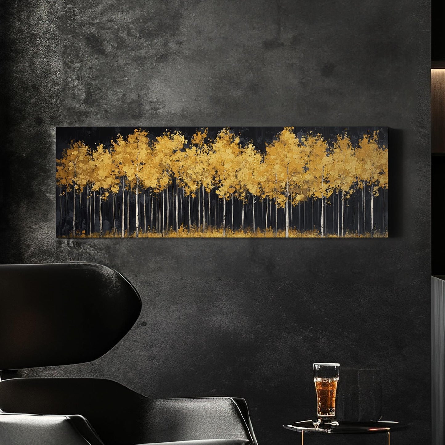 Golden Grove Canvas Art | Impasto Print | Bohemian Wall Art For Living Room | Amber Sunset Art | Tranquil Decor Panoramic Wall Art