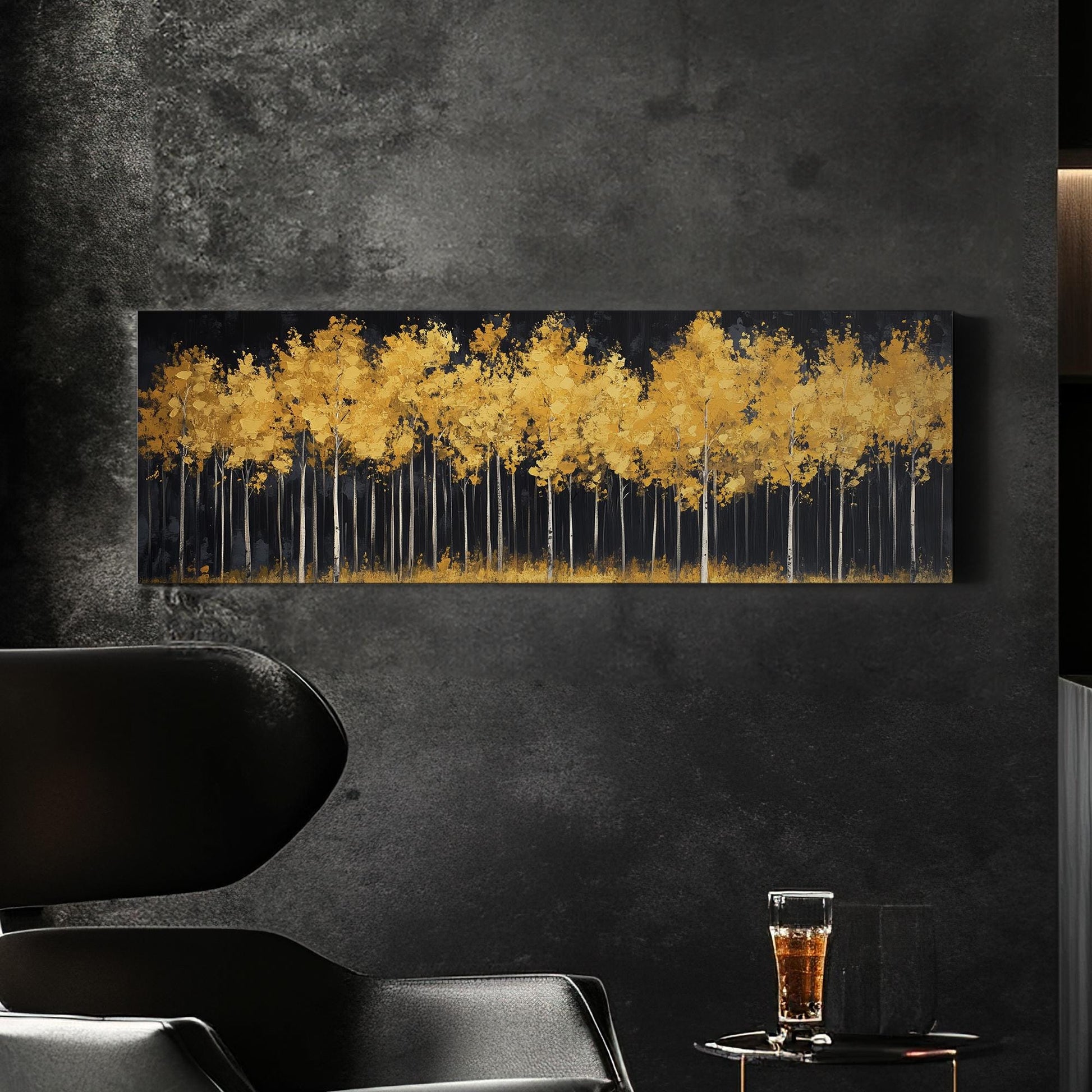 Golden Grove Canvas Art | Impasto Print | Bohemian Wall Art For Living Room | Amber Sunset Art | Tranquil Decor Panoramic Wall Art