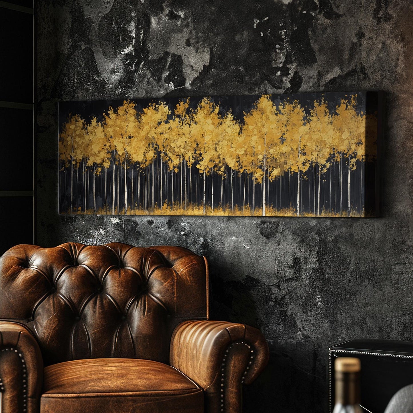 Golden Grove Canvas Art | Impasto Print | Bohemian Wall Art For Living Room | Amber Sunset Art | Tranquil Decor Panoramic Wall Art