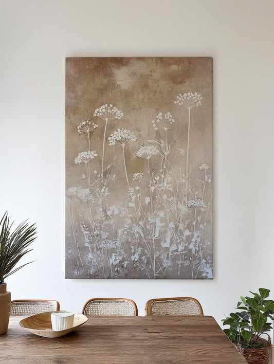 Botanical Monoprint Canvas Art | Monochromatic Impressionist Print | Minimalist Wall Art For Living Room | Greige Oyster Art Vertical Canvas