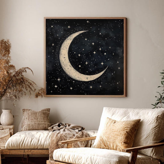 Celestial Crescent Canvas Art | Linocut Print | Bohemian Wall Art For Bedroom | Moonlit Midnight Art Square Canvas Art