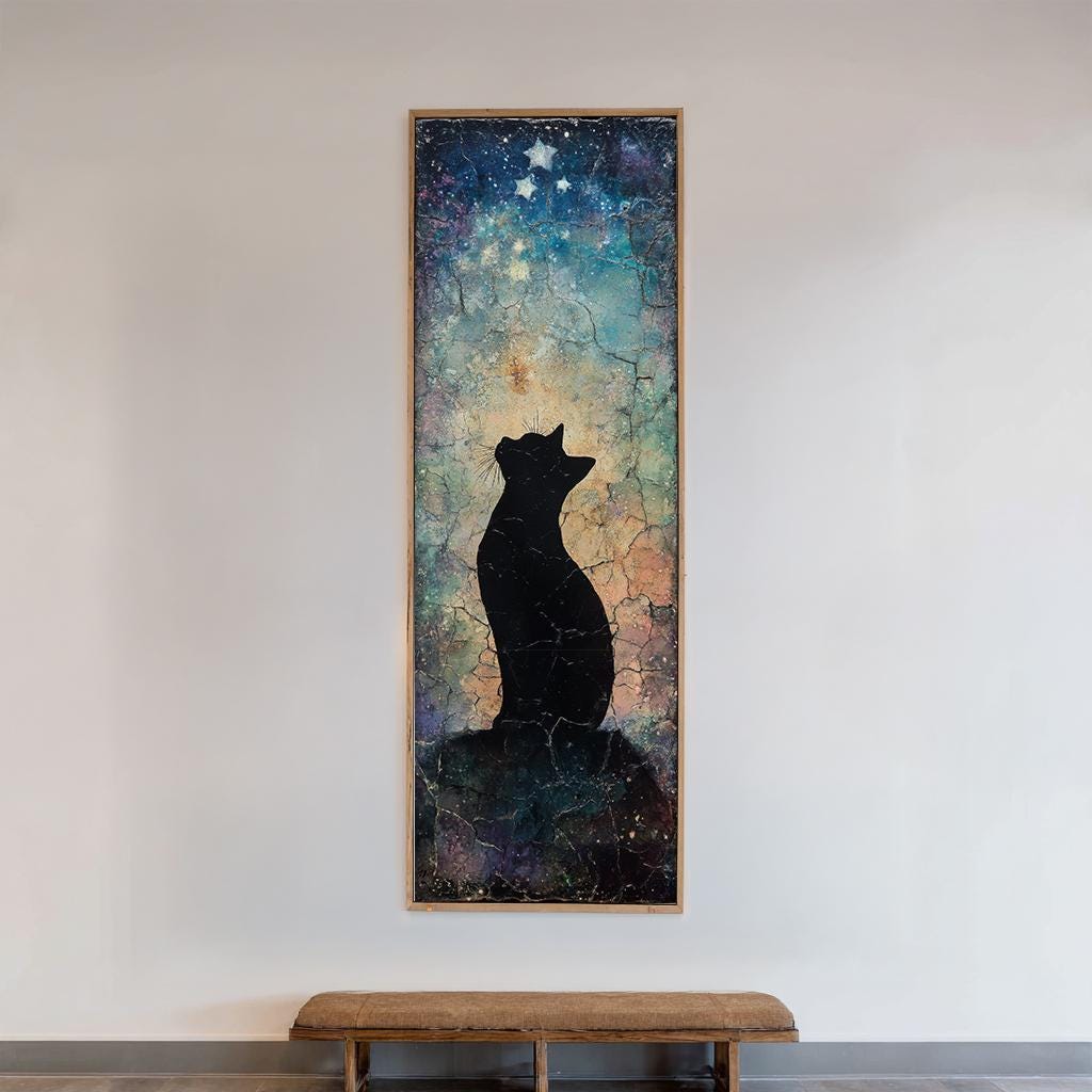 Celestial Feline Canvas Art | Crackle Glaze Print | Bohemian Wall Art For Bedroom | Twilight Sky Art | Ethereal Pet Decor Long Vertical Art