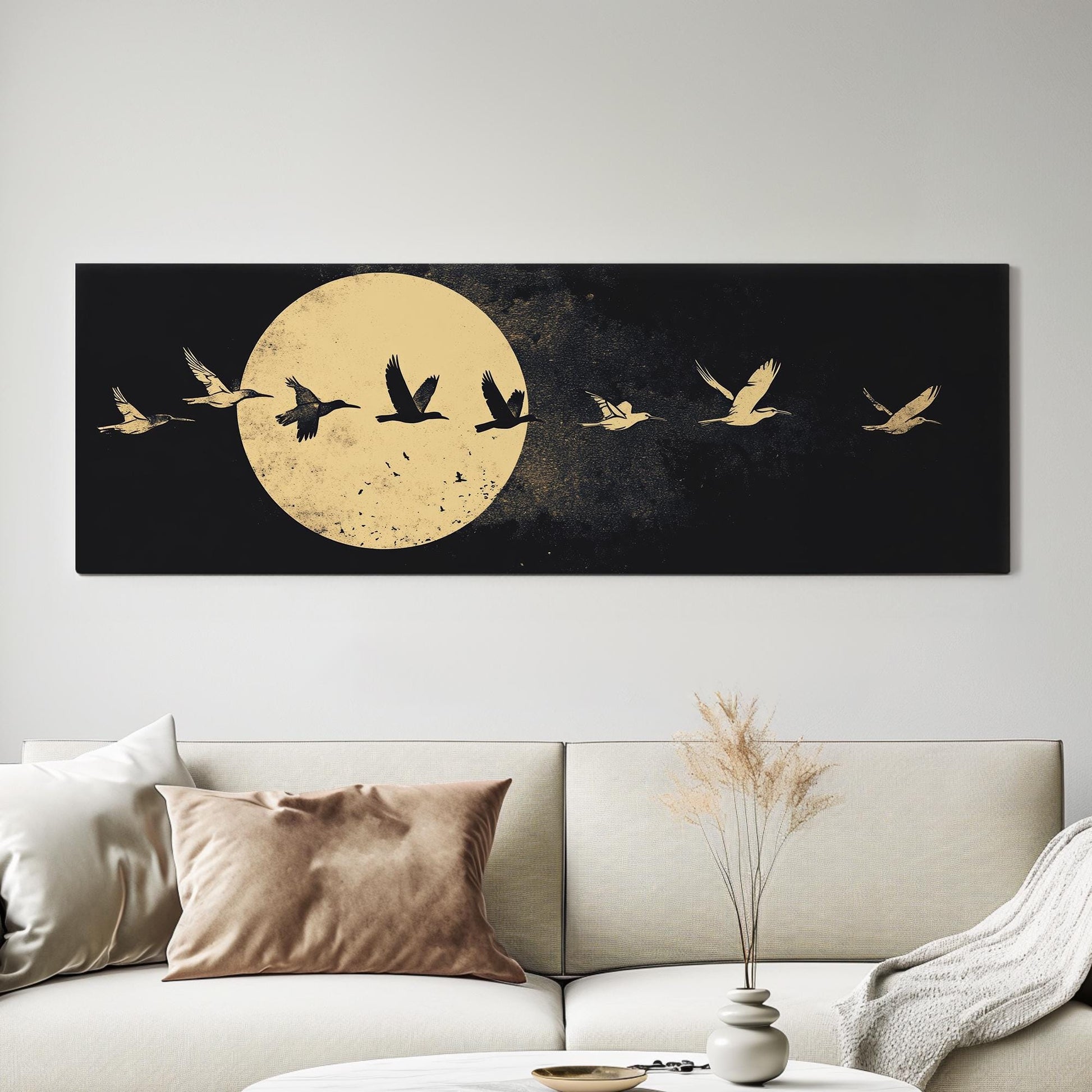 Celestial Flock Canvas Art | Linocut Print | Bohemian Wall Art For Living Room | Moonlit Sand Art | Tranquil Decor Panoramic Wall Art