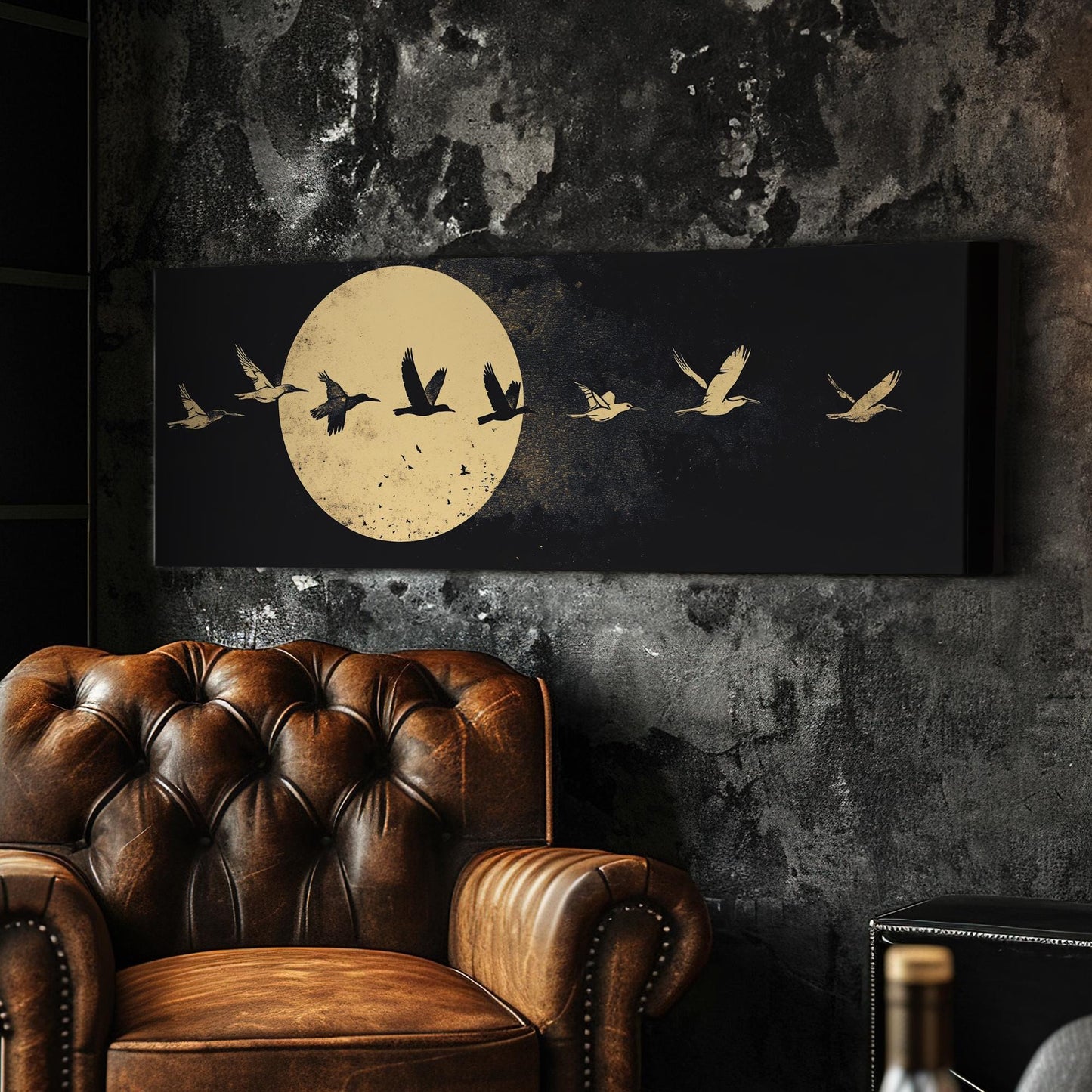 Celestial Flock Canvas Art | Linocut Print | Bohemian Wall Art For Living Room | Moonlit Sand Art | Tranquil Decor Panoramic Wall Art