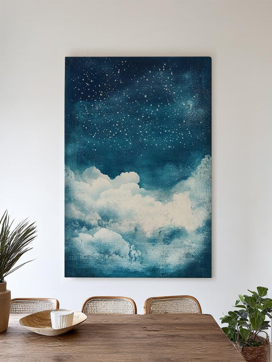 Celestial Nightscape Canvas Art | Distressed Watercolor Print | Bohemian Wall Art For Bedroom | Steel Blue Art Vertical Canvas