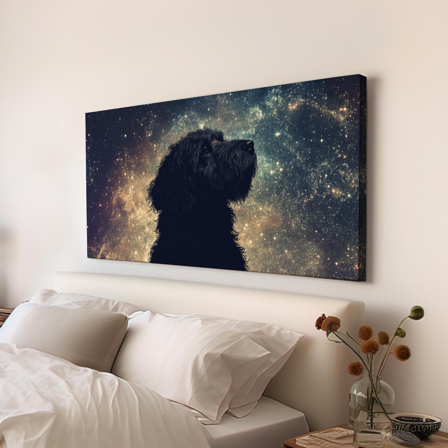 Cosmic Canine Canvas Art | Silhouette Print | Bohemian Wall Art For Living Room | Celestial Twilight Art Horizontal Art