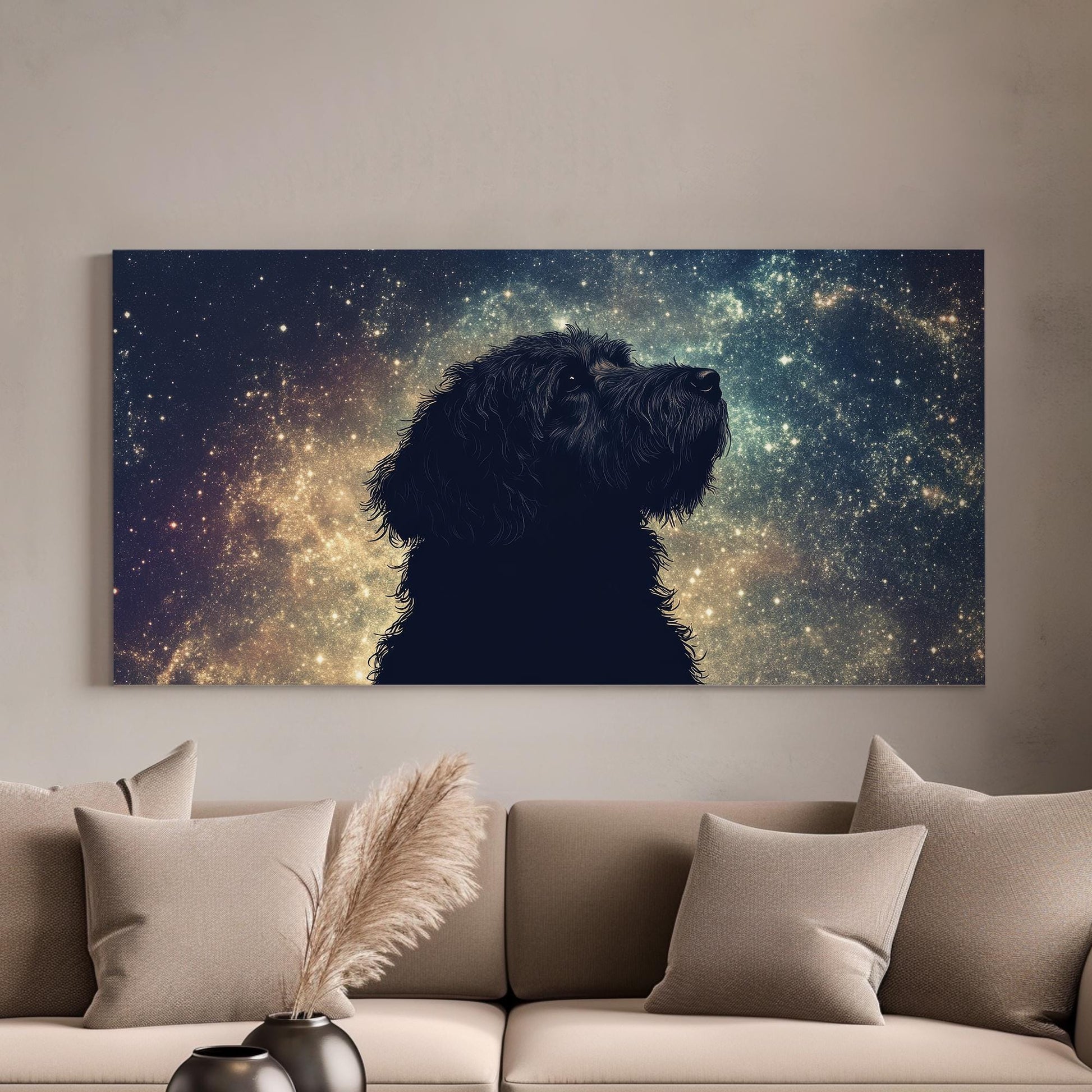 Cosmic Canine Canvas Art | Silhouette Print | Bohemian Wall Art For Living Room | Celestial Twilight Art Horizontal Art